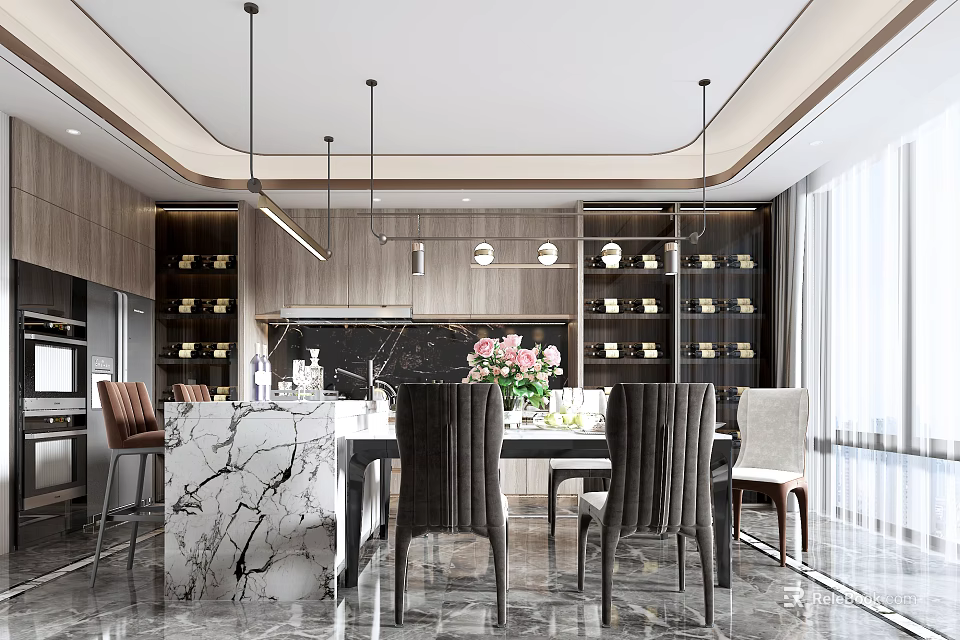 Modern Restaurant Interior With Marble Dining Table Hanging Lights Flower Arrangement And Chairs 3d model 