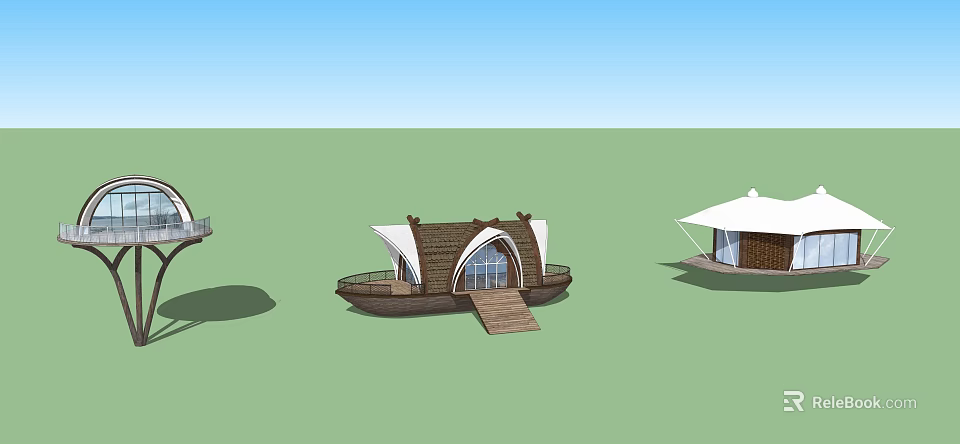 Scenic Wooden Waterfront House With Arched Windows And Deck Under Blue Sky 3d model 