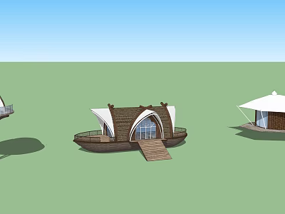 Scenic Wooden Waterfront House With Arched Windows And Deck Under Blue Sky 3d model