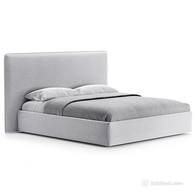 Gray Upholstered Headboard Double Bed With Minimalist Design And Pillows 3d model
