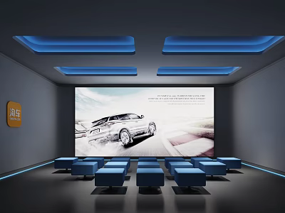 Modern Exhibition Hall With Large Screen Blue Seats And Ceiling Lighting Displaying Electric Car 3d model
