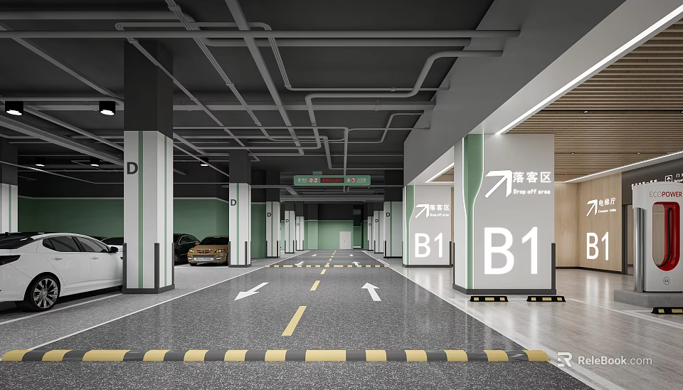 Underground Parking Garage B1 With Green Striped Columns Lane Markings Arrow Directions Parked Cars 3d model 