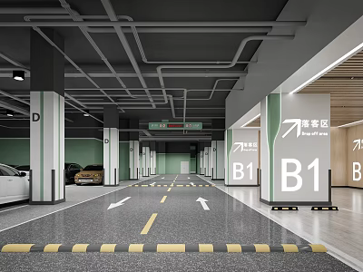 Underground Parking Garage B1 With Green Striped Columns Lane Markings Arrow Directions Parked Cars 3d model