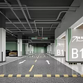 Underground Parking Garage B1 With Green Striped Columns Lane Markings Arrow Directions Parked Cars