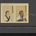Ancient Figure Paintings Hanging On Grey Wall With Traditional Attire Vertical Inscriptions And Light Background