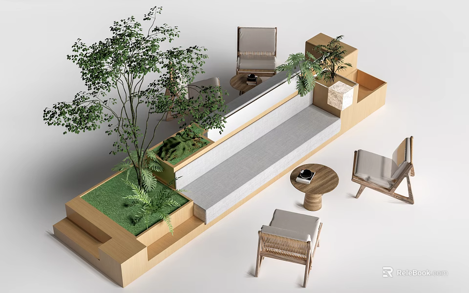 Modern Multi Seater Sofa With Natural Green Plants And Wooden Accents 3d model 
