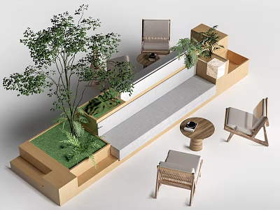 Modern Multi Seater Sofa With Natural Green Plants And Wooden Accents 3d model