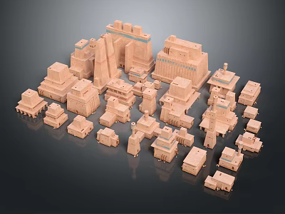 Cartoon Style Scene Featuring Ancient Building Models With Various Shapes And Sizes 3d model