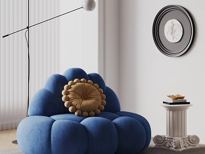 Cloud Shaped Blue Single Sofa With Side Table Books Wall Decorative Painting And Floor Lamp 3d model