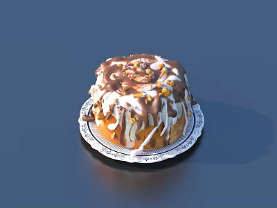 Delicious Chocolate Drizzle Cake With White Icing And Crushed Nut Toppings On Decorative Plate 3d model