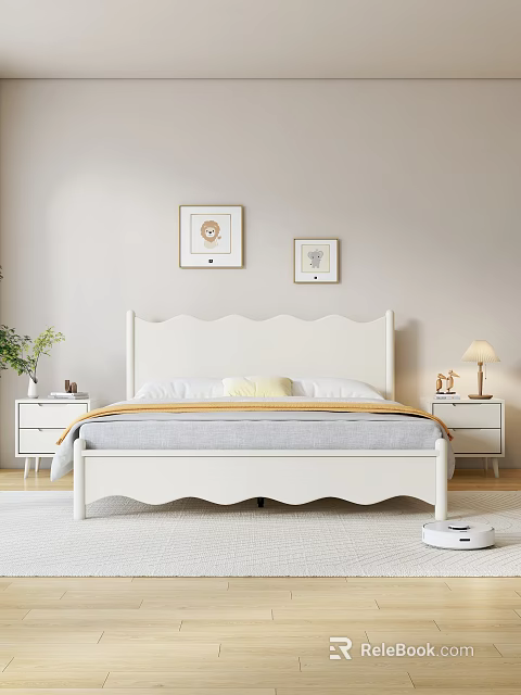 Cozy Kids Room Interior With White Wave Headboard Bed Nightstands Lamp Framed Art And Plant 3d model 