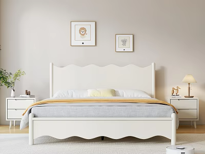 Cozy Kids Room Interior With White Wave Headboard Bed Nightstands Lamp Framed Art And Plant 3d model
