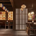 Traditional Japanese Restaurant Interior With Hanging Lanterns Wooden Decor And Cozy Dining Area