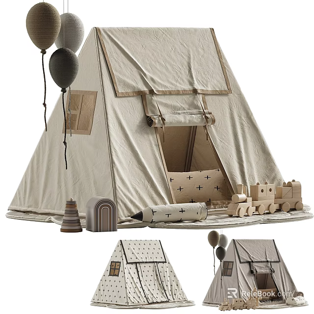 Beige Canvas Kids Tipi Play Tent With Cross Pattern Pillows Wooden Toys And Black Balloons 3d model 