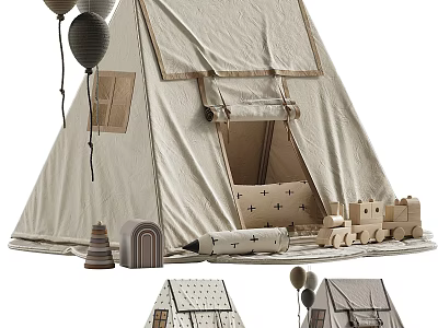 Beige Canvas Kids Tipi Play Tent With Cross Pattern Pillows Wooden Toys And Black Balloons 3d model
