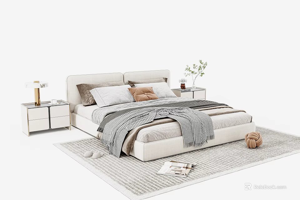 Cozy Modern Double Bed With Bedside Tables Lamps Soft Blanket And Rug 3d model 