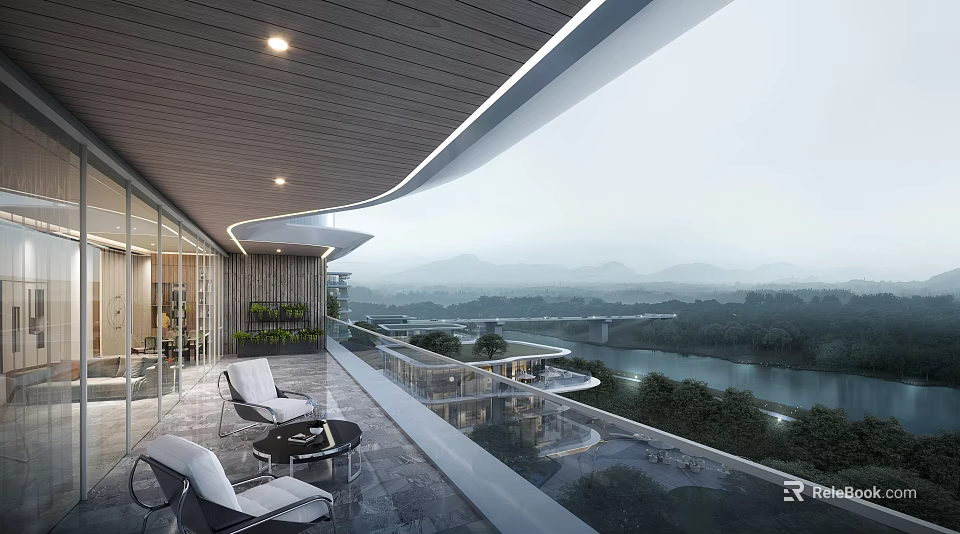 Modern Balcony Space With Outdoor Lounge Chairs Coffee Table Glass Railing And River Mountain View 3d model 