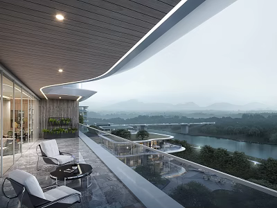 Modern Balcony Space With Outdoor Lounge Chairs Coffee Table Glass Railing And River Mountain View 3d model