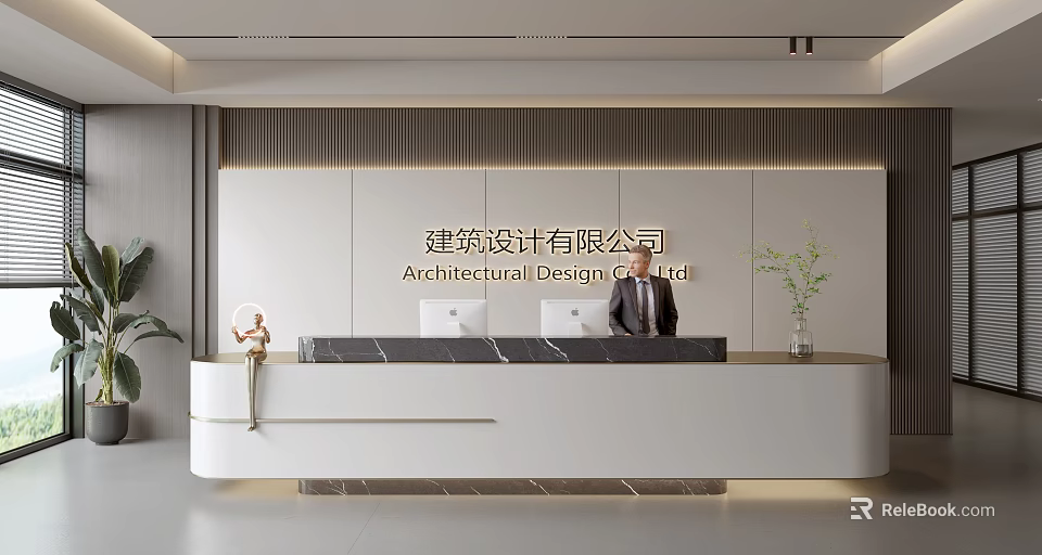 Elegant Modern Front Desk Reception Area With Marble Counter And Green Plant 3d model 