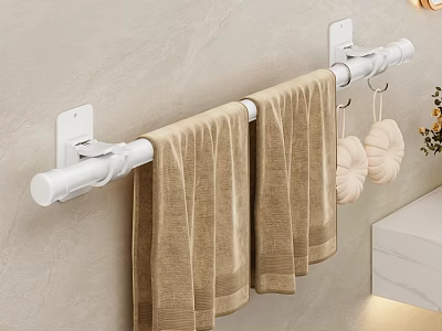 White Wall Mounted Shelf Holding Brown Towels And Decorative Balls On Beige Bathroom Wall 3d model