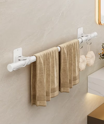 White Wall Mounted Shelf Holding Brown Towels And Decorative Balls On Beige Bathroom Wall 3d model