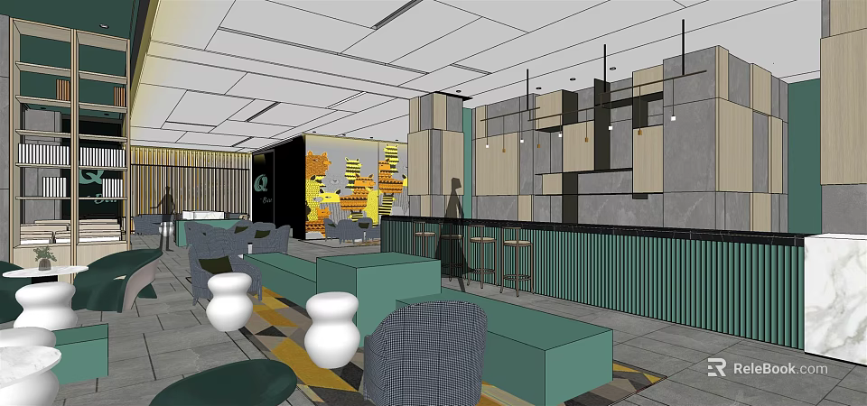 Modern Hotel Lobby Interior With Geometric Wall Design And Seating Areas 3d model