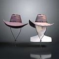 Two Brown Cowboy Hats With Decorative Bands Displayed On Mannequin And Stand