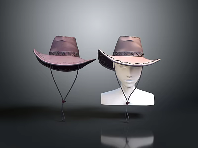 Two Brown Cowboy Hats With Decorative Bands Displayed On Mannequin And Stand 3d model Two Brown Cowboy Hats With Decorative Bands Displayed On Mannequin And Stand 3d model