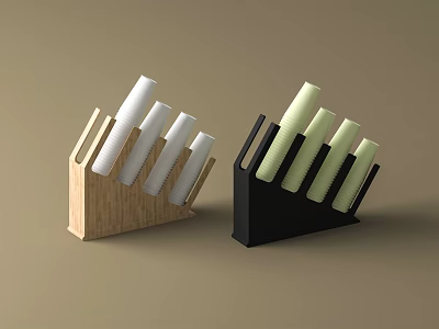 Kitchen Tools Featuring Wooden And Black Knife Blocks With White Light Green Cutting Knives 3d model