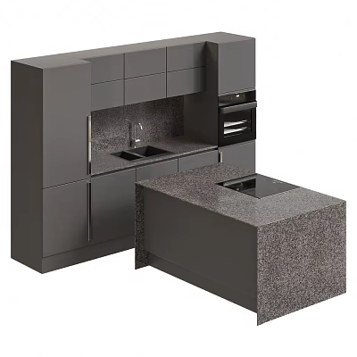 Modern Gray Kitchen Cabinets With Countertop Sink Island And Built-in Oven 3d model