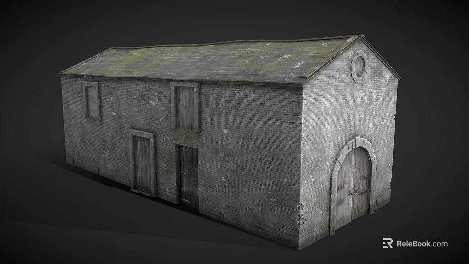 Cartoon Scene Of Old Brick House With Sloped Roof Windows And Arched Door 3d model 