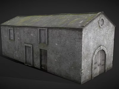 Cartoon Scene Of Old Brick House With Sloped Roof Windows And Arched Door 3d model