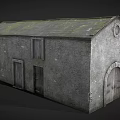 Cartoon Scene Of Old Brick House With Sloped Roof Windows And Arched Door
