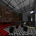 Stylish KTV Interior Featuring Red Sofas Neon Cocktail Sign And Geometric Floor