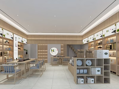 Tea Specialty Store Interior In Minimalist Design With Wooden Shelves Product Displays And Seating Area 3d model
