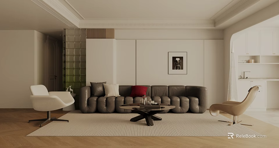 Modern Living Dining Room Interior Design With Grey Sofa Wooden Table And Artwork 3d model 