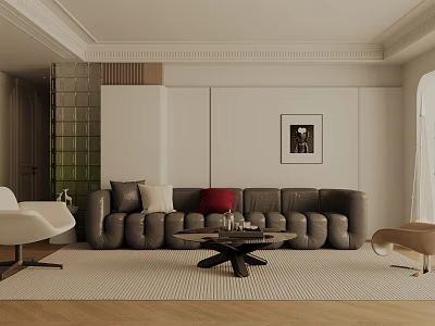 Modern Living Dining Room Interior Design With Grey Sofa Wooden Table And Artwork 3d model