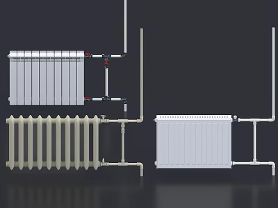 White Radiators With Connecting Pipes In Home Heating System Design 3d model