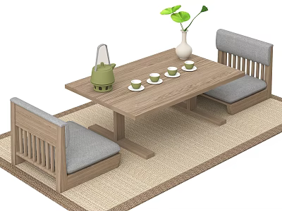 Wooden Tea Table and Chairs with Green Teapot White Teacups and Vase on Beige Carpet 3d model