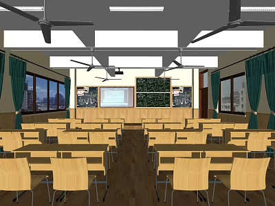 Modern Conference Room With Tables Chairs Green Curtains City View Projection Screen And Ceiling Fans 3d model