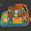 Cartoon Scene With Cute Rabbit Character Colorful Buildings Green Trees And Wooden Platforms