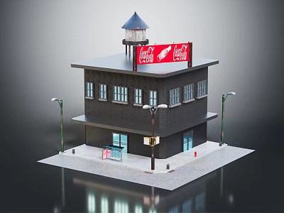 Miniature Two Story Building Model With Coca Cola Billboard Water Tower And Street Lamps 3d model