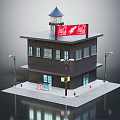 Miniature Two Story Building Model With Coca Cola Billboard Water Tower And Street Lamps
