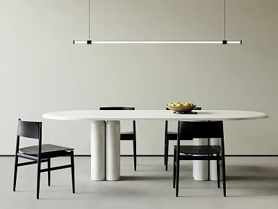 Modern Minimalist Dining Table Set With Round White Table Black Chairs And Hanging Pendant Light 3d model