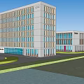 Modern Office Building Exterior With Glass Curtain Walls And Spacious Grounds