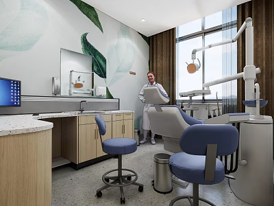 Modern Dental Clinic Space With Medical Staff Treatment Chair Green Leaf Wall Decor Wooden Cabinets 3d model