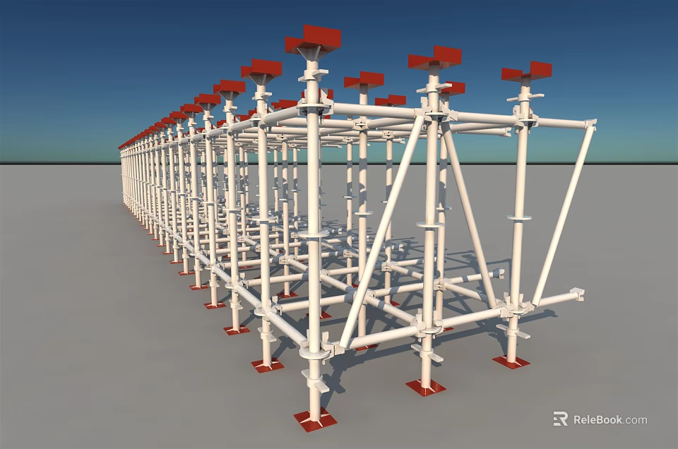 Long Construction Scaffolding Structure With White Frame Red Base Components 3d model 