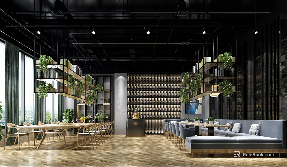 Modern Restaurant Interior With Plant Decorations Wine Racks Sofa Seating And Wooden Flooring 3d model 