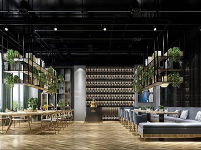 Modern Restaurant Interior With Plant Decorations Wine Racks Sofa Seating And Wooden Flooring 3d model