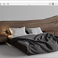 Modern Double Bed With Wooden Headboard Nightstands Bedside Lamps Gray Blanket And White Pillows
